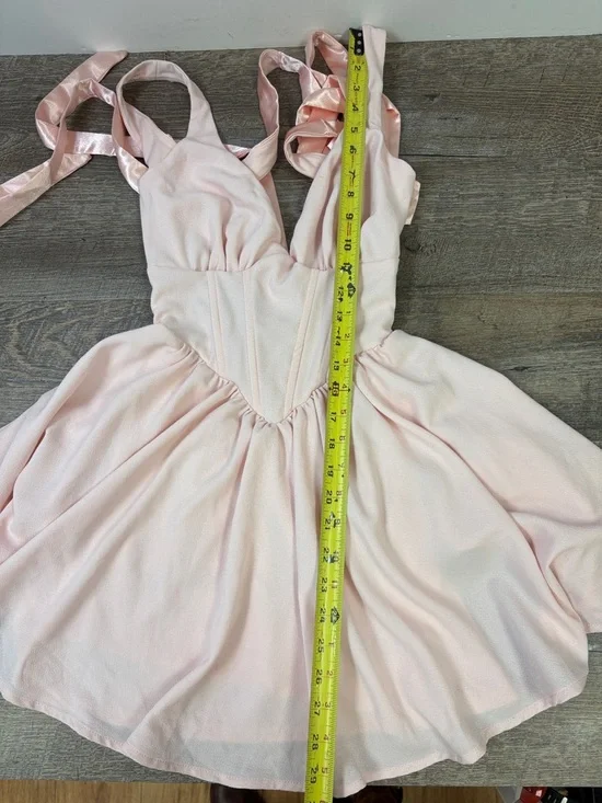 Lucy in the Sky Blush Pink Satin Wrap Corset Dress | Open Back Tie | XS - Picture 9 of 12